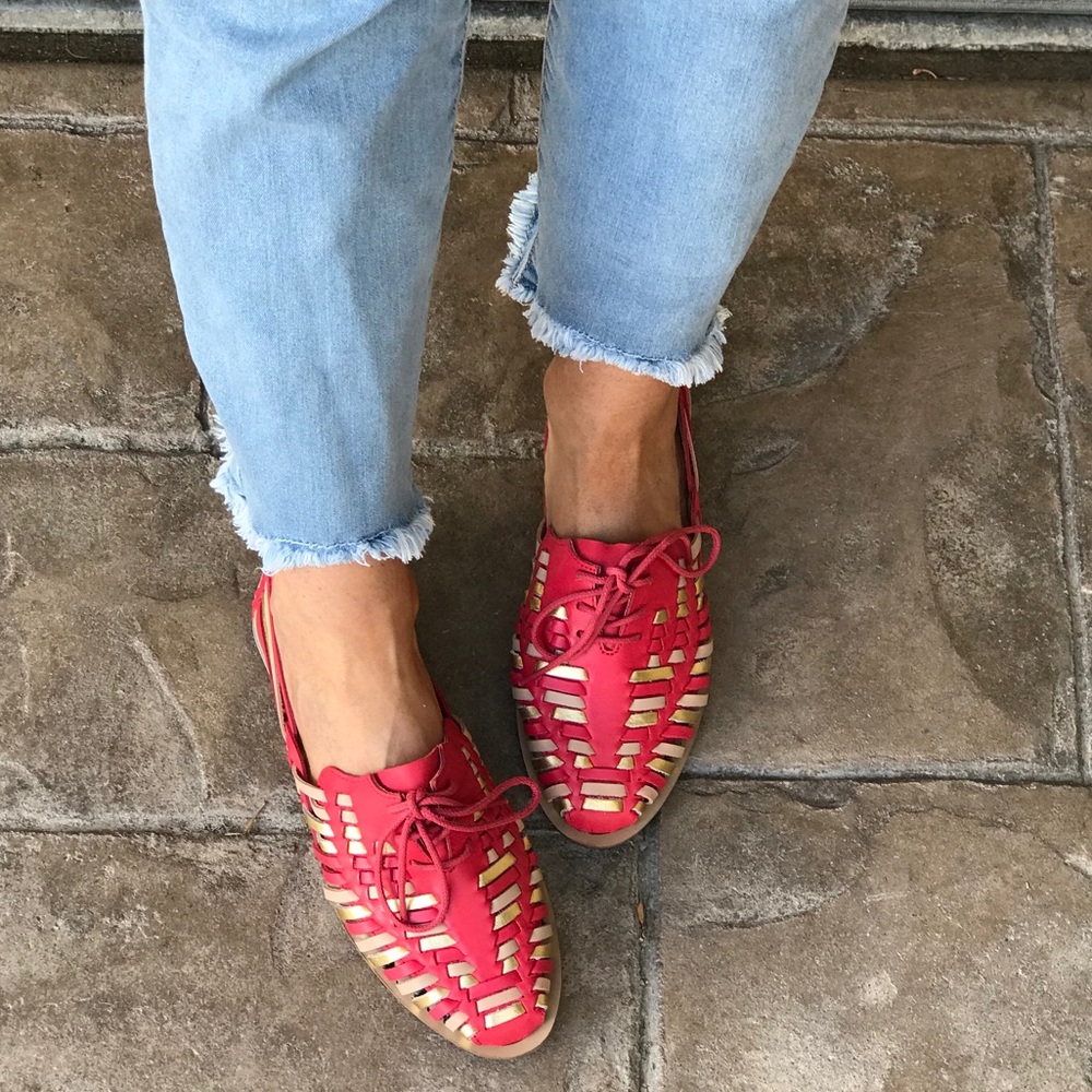 Boho Pink Leather Woven Huarache Oxford Loafers - Picture 4 of 6